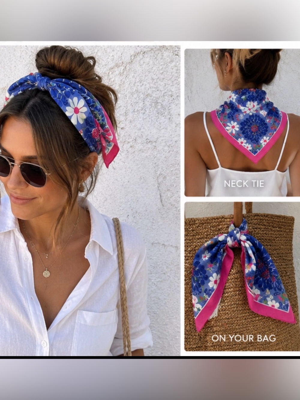 Lilly Pulitzer & Ford Blue Floral Bandana Scarf with Pink Border